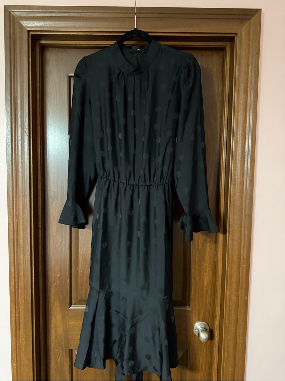 Ann Taylor Black Polka Dot Long Sleeve Midi Dress with Fluted Cuffs